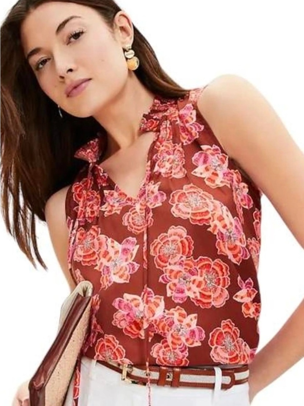 Loft Floral Tassel Ruffle Trim Sleeveless Pink Maroon Red Silky Blouse Top